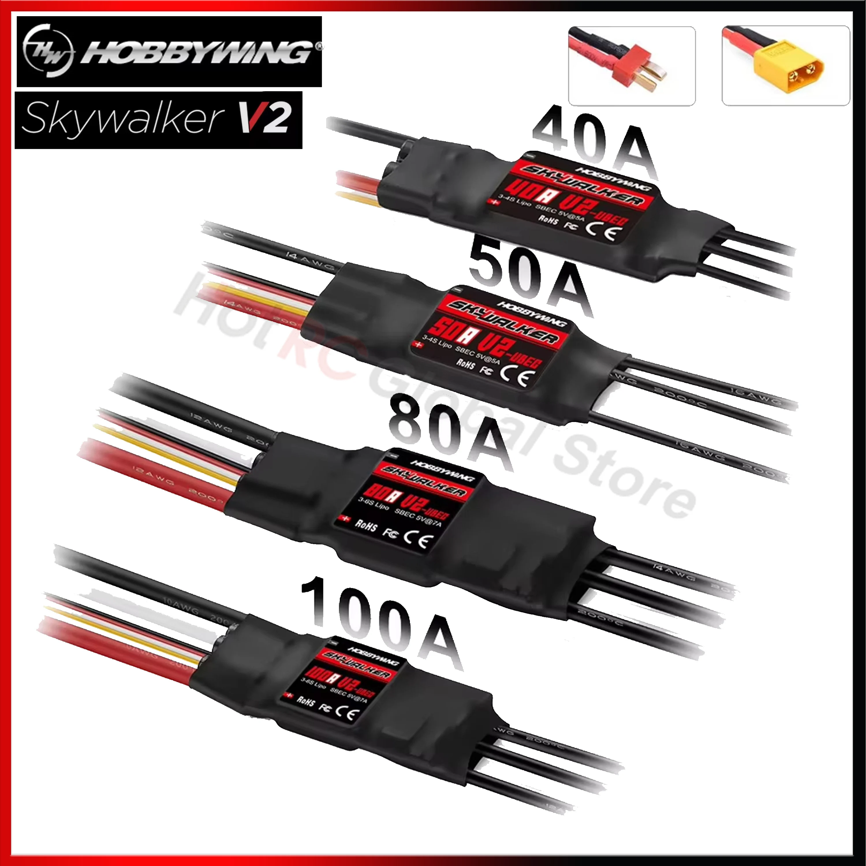 Rc Hobby Parts - Hobbywing-skywalker escスピードコントローラー,rc fpvドローン,クワッドコプター飛行機,v2シリーズ,40a 50a 80a 100a,txt60プラグ用