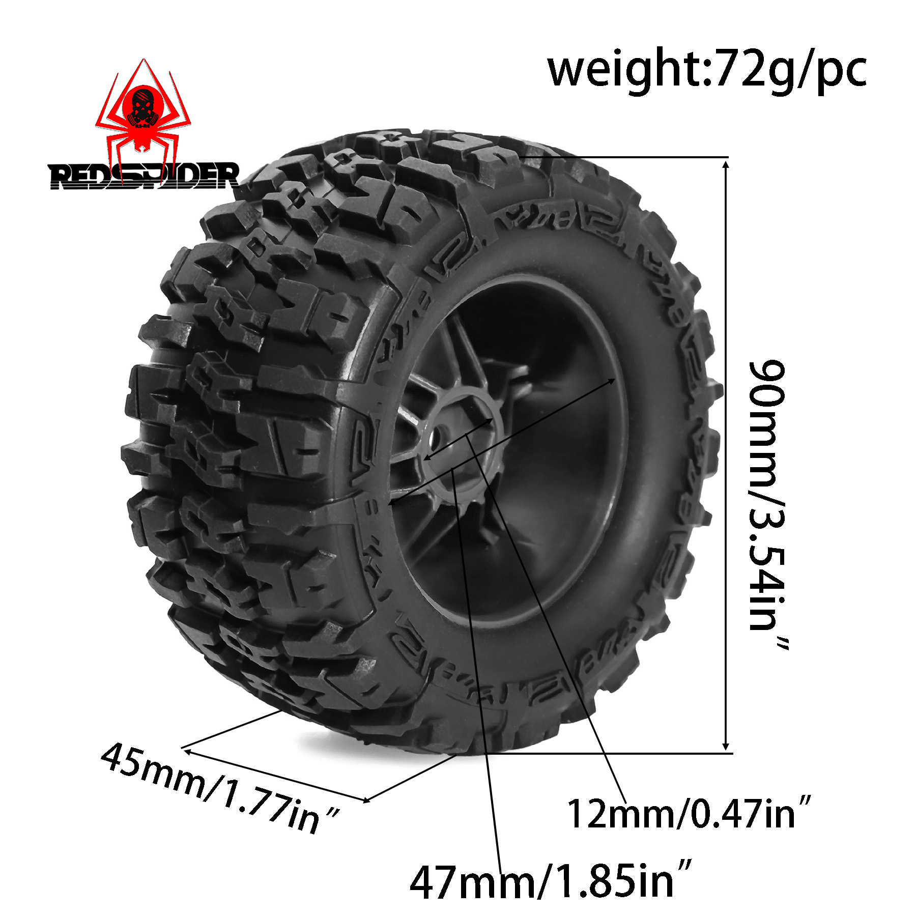 90mm滑り止めゴムホイールタイヤ、12mm六角ハブ、1/1 - Rc Truck Monster のレビューと価格